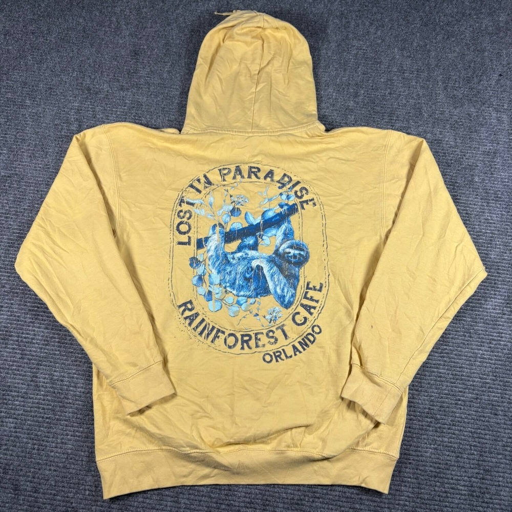 Rainforest Cafe Hoodie Mens L Yellow Excellent Sloth Orlando Lost In Paradise